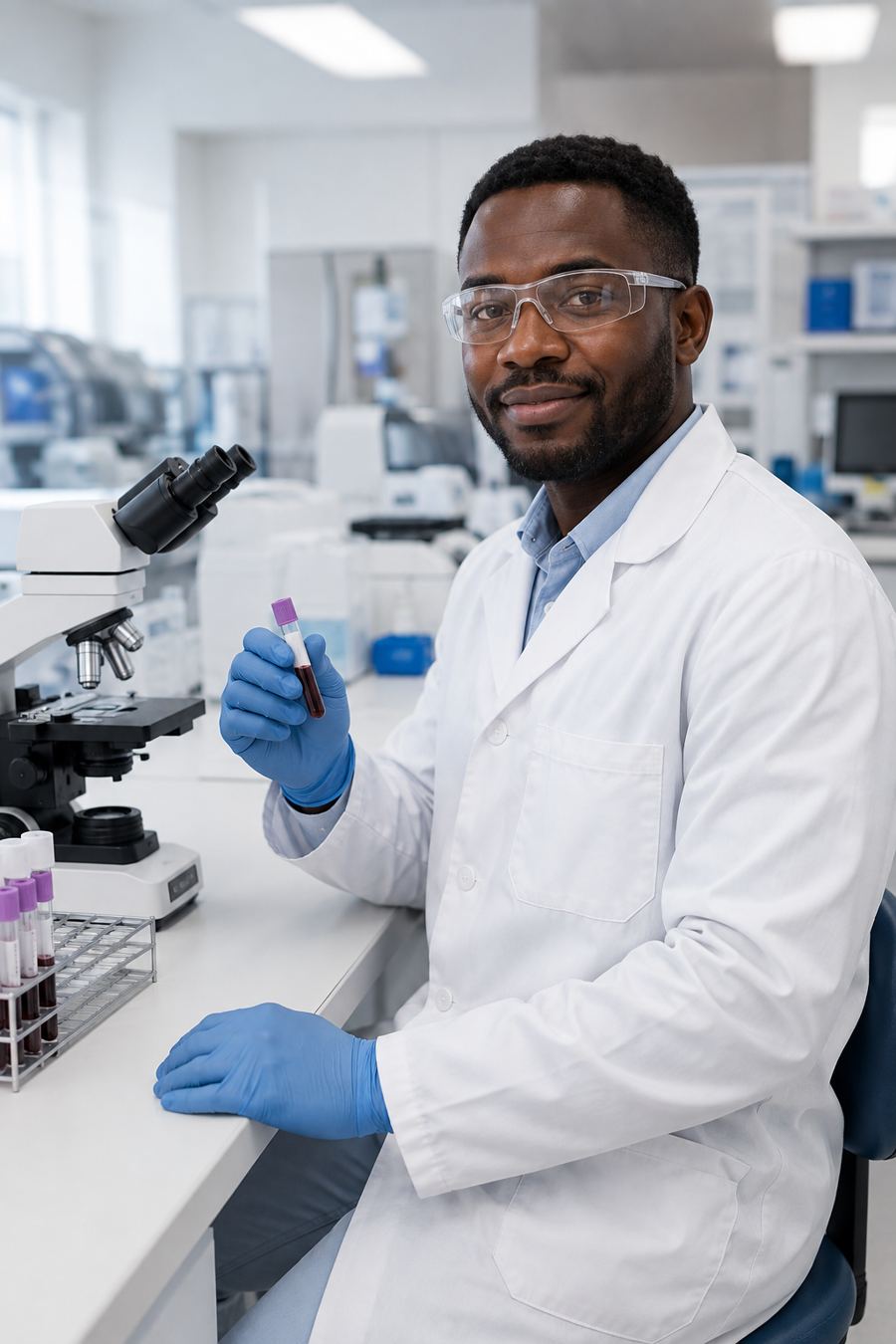 A lab scientist prepares a blood sample beside a microscope
