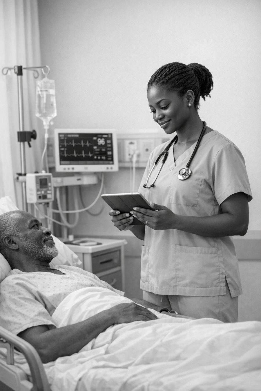 A nurse checks a patient on a hospital ward using a tablet