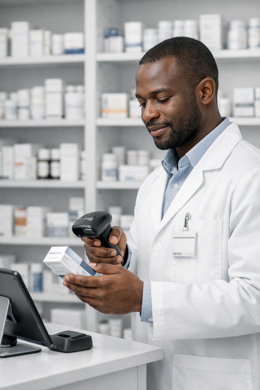 A pharmacist scans a medicine box at the dispensary