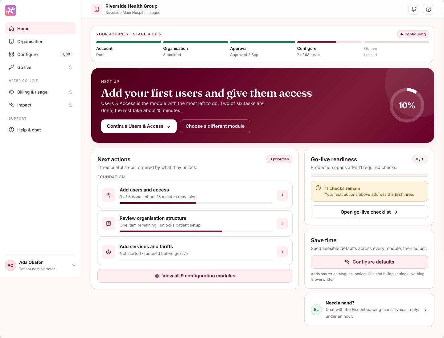 Elix onboarding home showing journey progress and the next task to complete