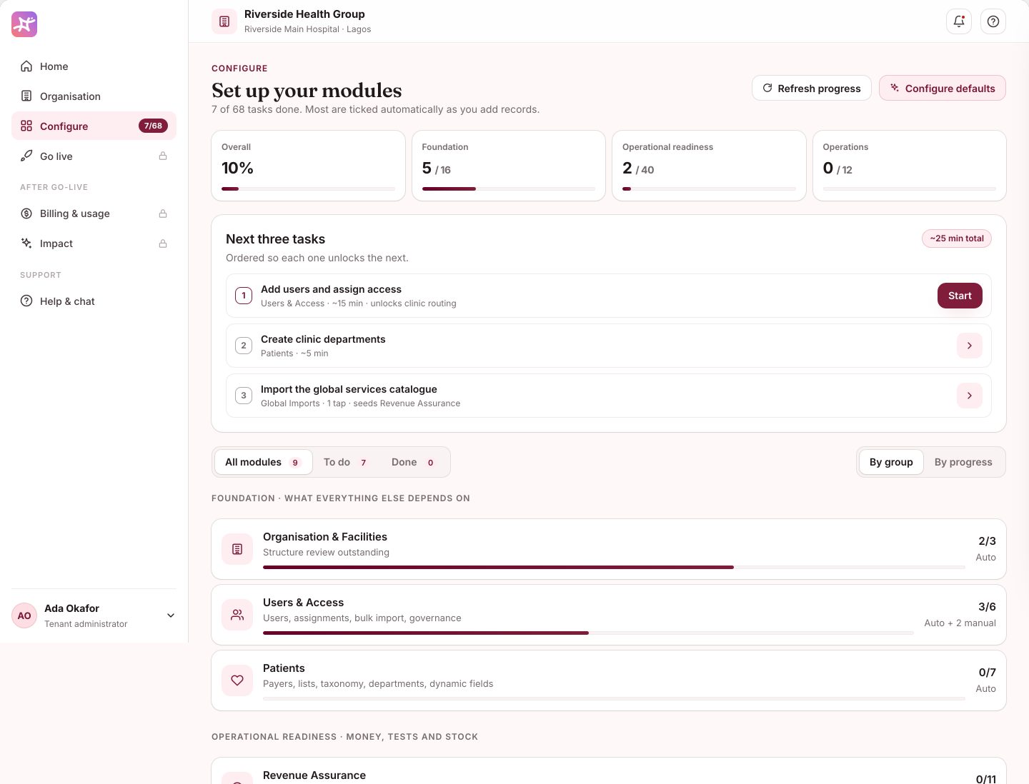 Elix configuration screen listing modules and the next three tasks