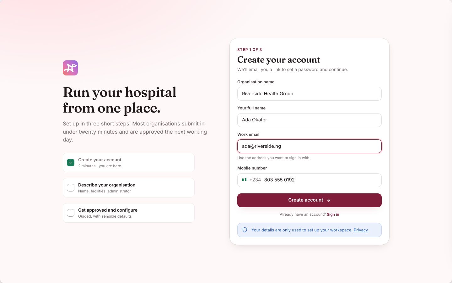 Elix sign-up screen: create your account in three short steps