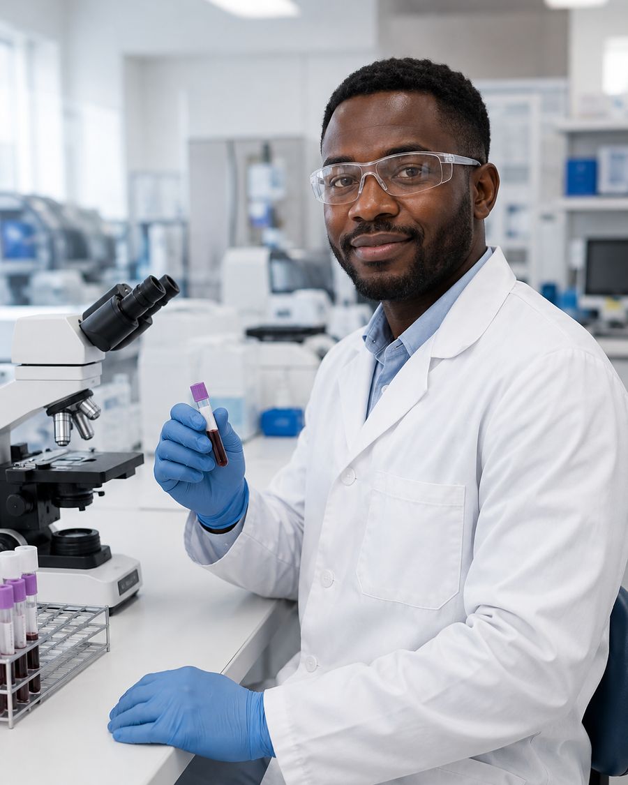 A lab scientist in safety glasses holds up a blood sample beside a microscope