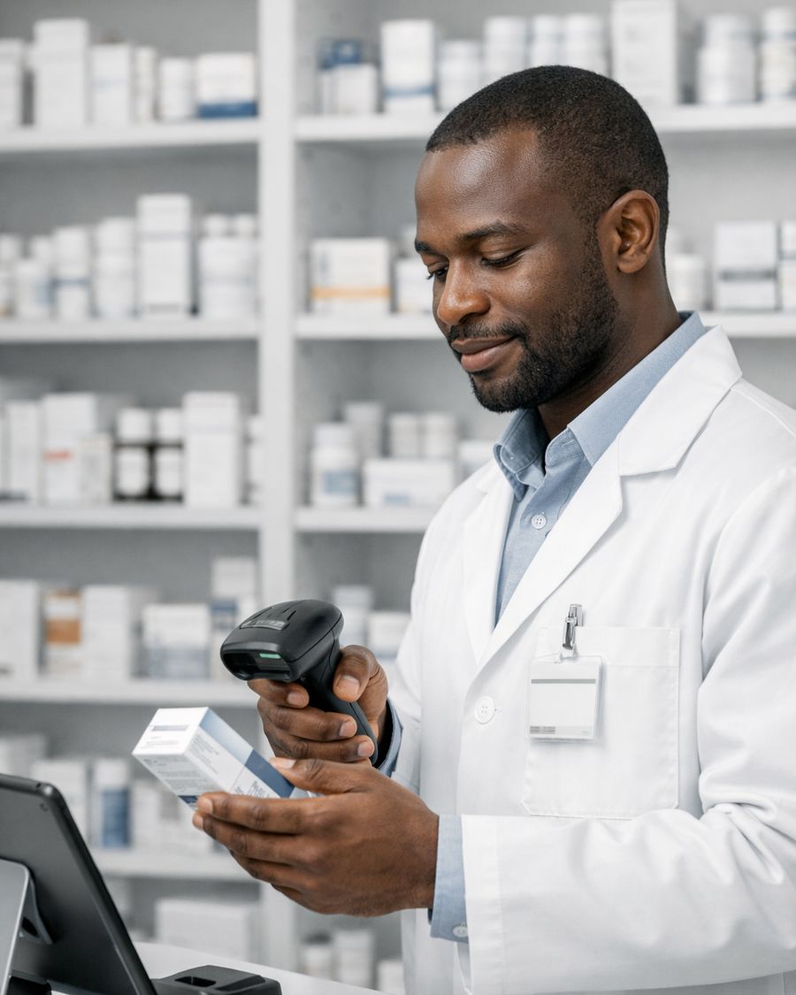 A pharmacist scans a box of medicine at the dispensary