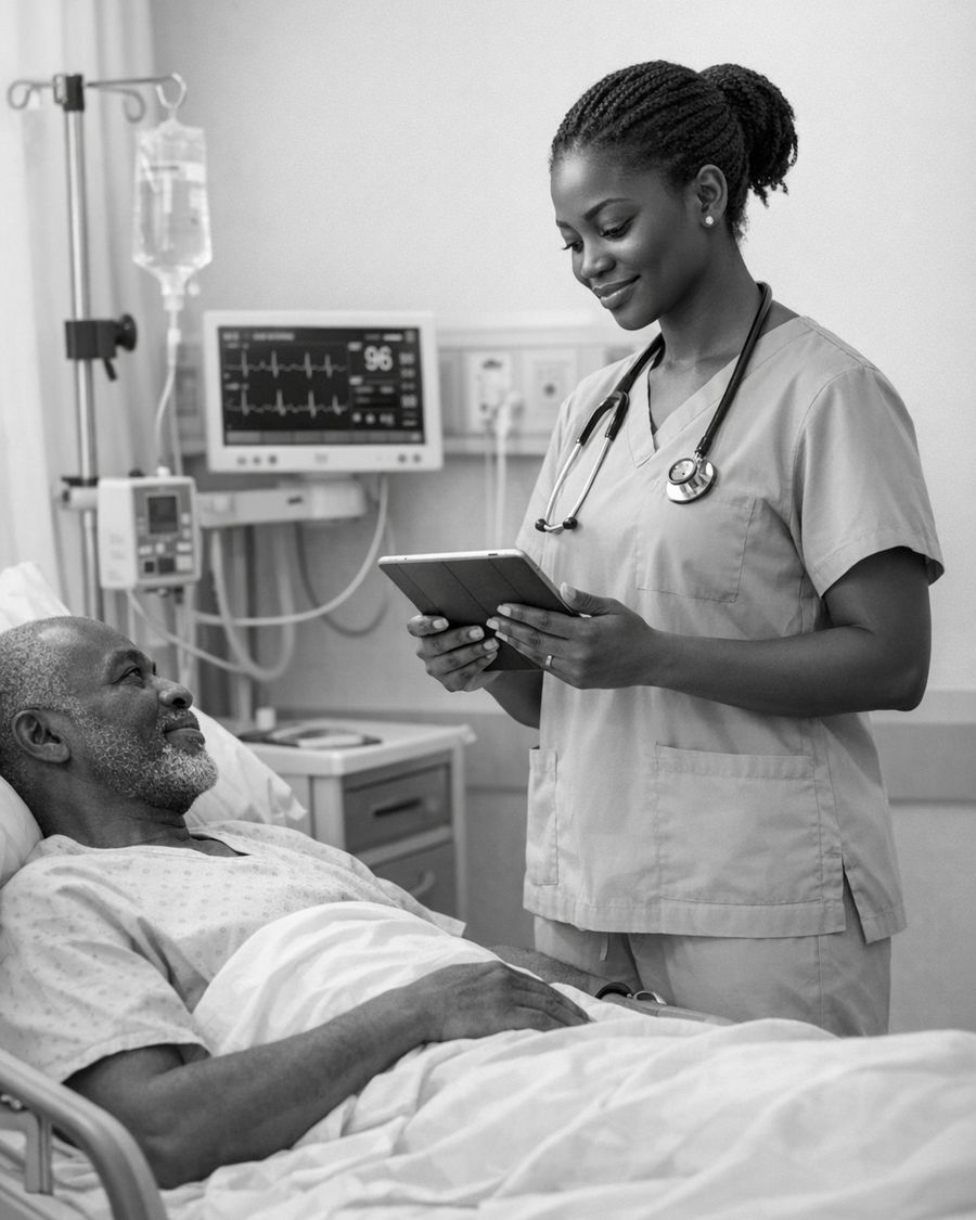 A nurse with a tablet checks on an elderly patient resting in a hospital bed